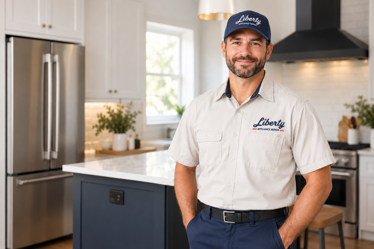 Liberty Appliance Repair technician in uniform standing in a modern kitchen